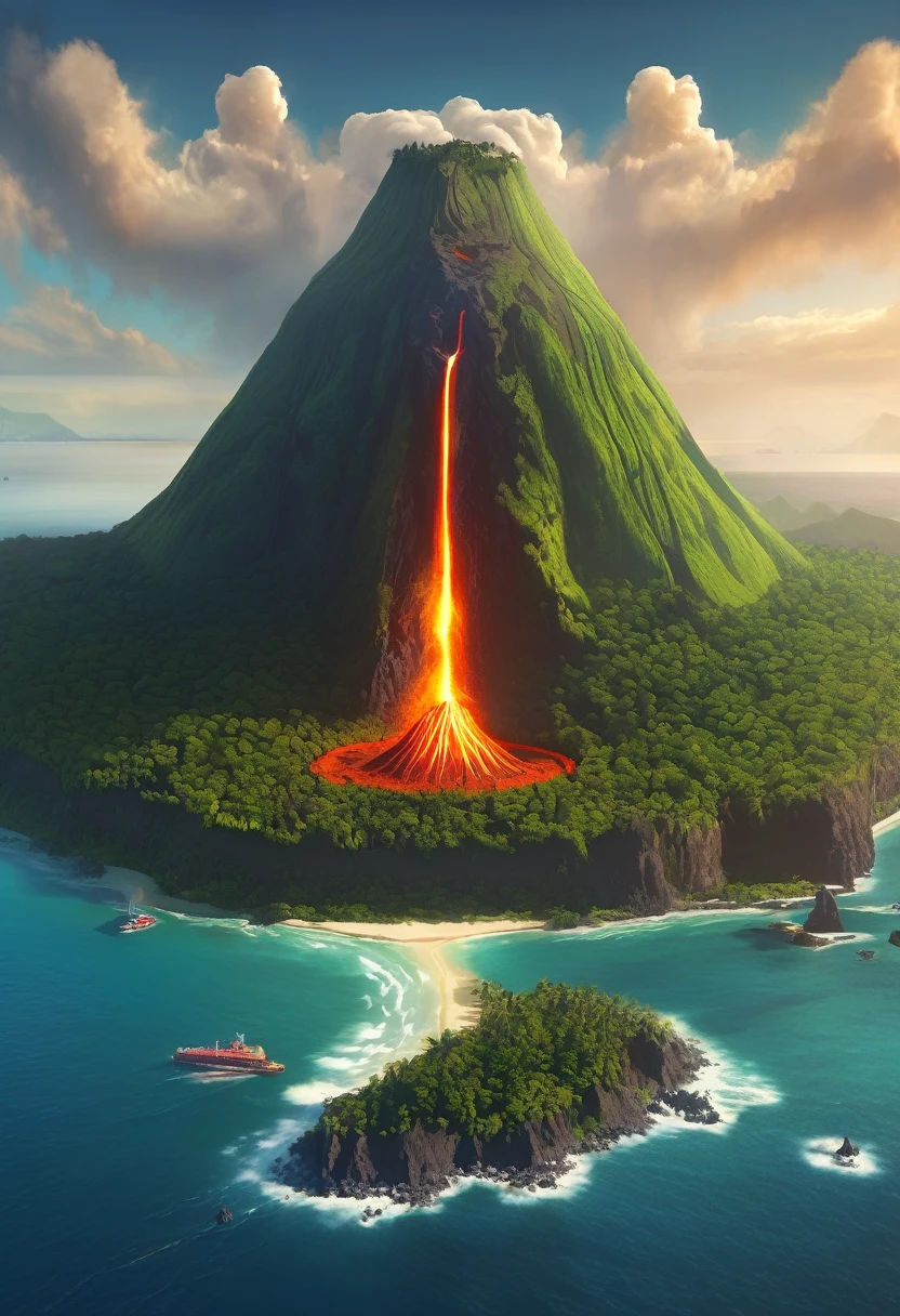 A huge island surrounded by cliffs dense forests with a lava volcano in the middle