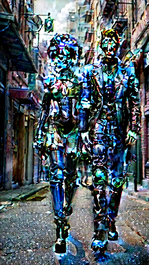 It's two robots walking down the street with guns, detailed cinematic photography, steampunk digital art, bigstudiovfx, TV series still image, anthropomorphic female, featured on vimeo, models yasuke 5 0 0 px, por Robert Koehler, interconnected human lifeforms, shot in anamorphic lenses  