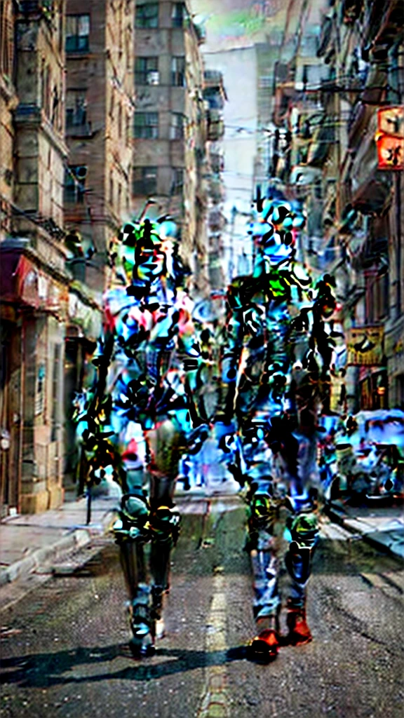 It's two robots walking down the street with guns, detailed cinematic photography, steampunk digital art, bigstudiovfx, TV series still image, anthropomorphic female, featured on vimeo, models yasuke 5 0 0 px, por Robert Koehler, interconnected human lifeforms, shot in anamorphic lenses  