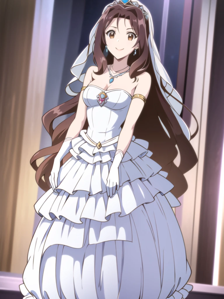 ((Best quality))),((Ultra-detailed)),((illustration)),((Disheveled hair)),((frilld)),(1 girl),(Solo),1girl,solo,rating:safe,wedding,bare_shoulders,breasts,bridal_gauntlets,bridal_veil,cleavage,clothing,crown,curtsey,dress,drop_earrings,earrings,elbow_gloves,female,female_only,gloves,headdress,headwear,jewelry,layered_dress,long_hair,looking_at_viewer,necklace,skirt_hold,smile,standing,strapless,strapless_dress,tiara,veil,very_long_hair,white_dress,white_footwear,white_gloves, brown hair,brown_eyes,

