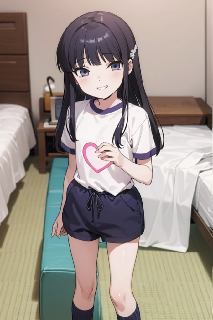 solo, 1girl, looking at viewer, , miyuki shiba, , , looking at viewer, smile,,,spoken heart,,(petite),flat chest,grin,my room,socks,,buruma,gym shirts,shirts in
