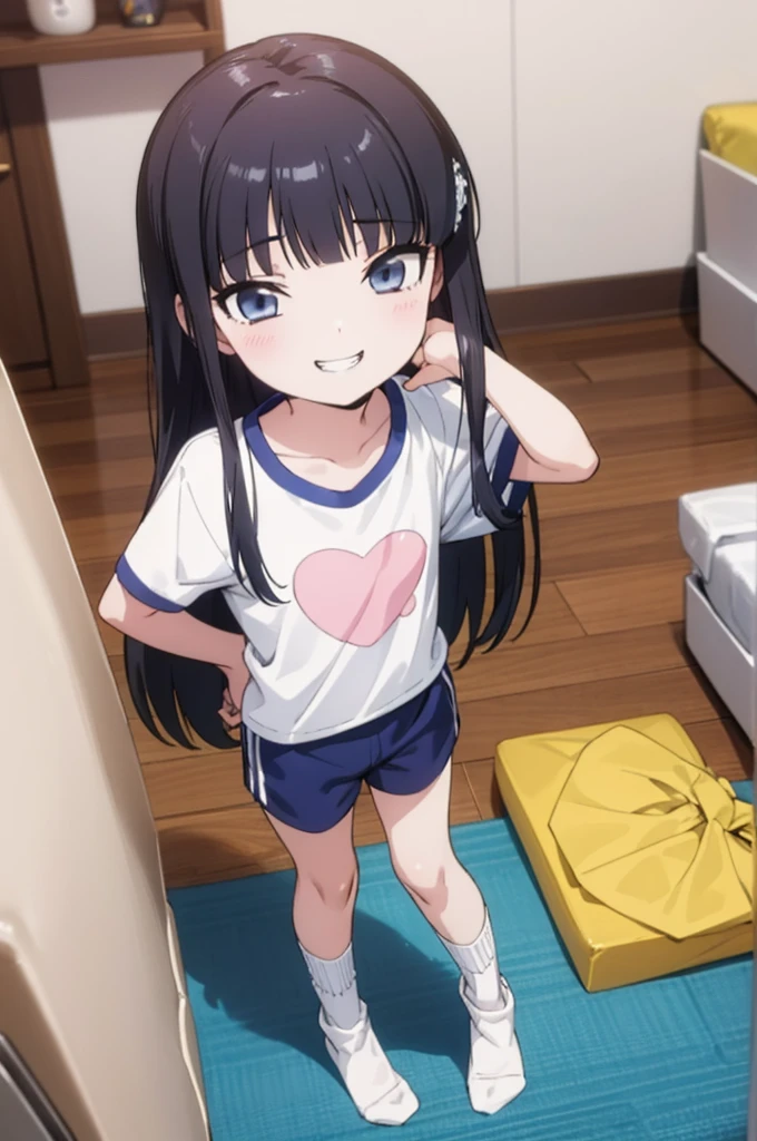 solo, 1girl, looking at viewer, , miyuki shiba, , , looking at viewer, smile,,,spoken heart,6yo,(ite),flat chest,grin,my room,socks,,buruma,gym shirts,shirts in