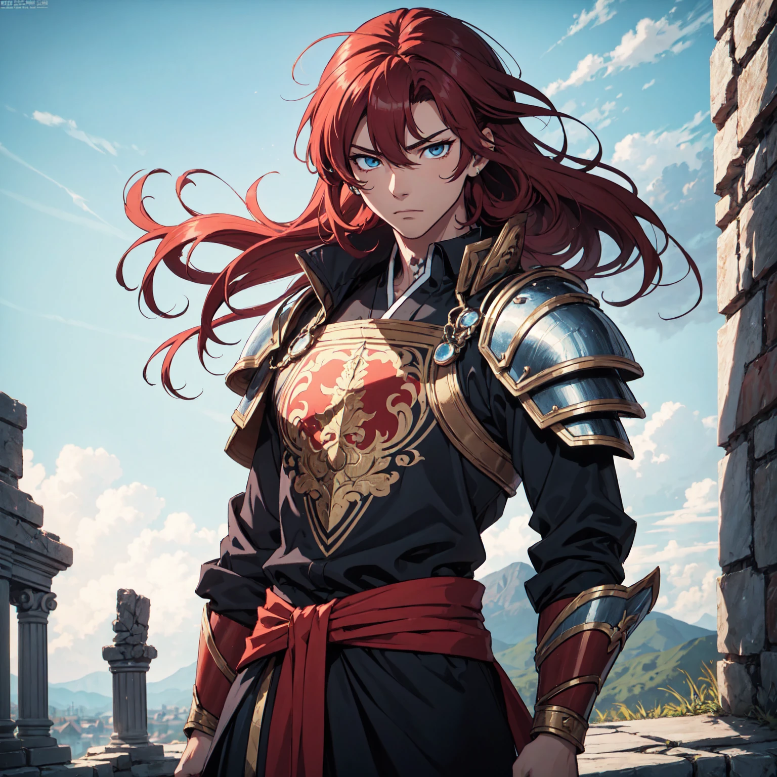 Ultra High Definition, Ultra High Quality, Extremely Detailed, Perfectly Detailed, Masterpiece, 8k, 1 Boy, Look A Like Xin From Kingdom Anime, Handsome, Equipped With Royal Knight Armor, Solid Light Blue Eyes, Long Red Hair, Body Shot, Ancient Kingdom Background