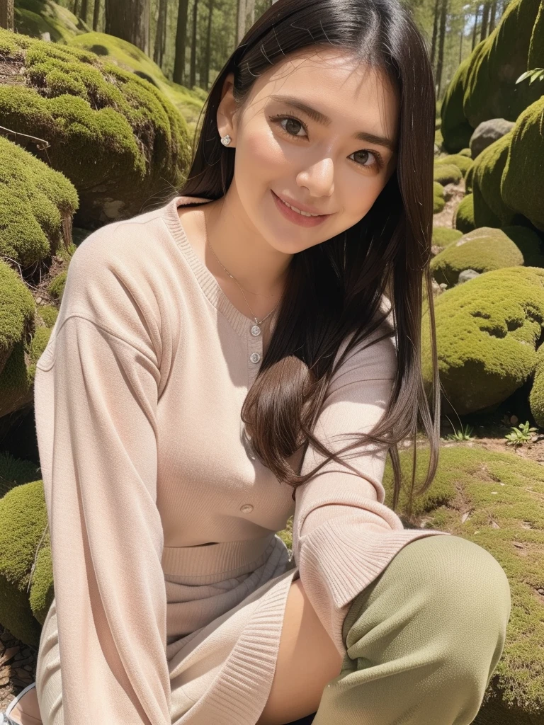 rie,One Woman,(best quality), (ultra detailed), (absolutely resolution),Face is front, 32 years old, Wink, Shirt and skirt, The color of the outfit is pastel pink., The pattern on the clothes is zebra, Black Hair, smile, Earrings, In the mossy forest of Yakushima、In a mysterious atmosphere