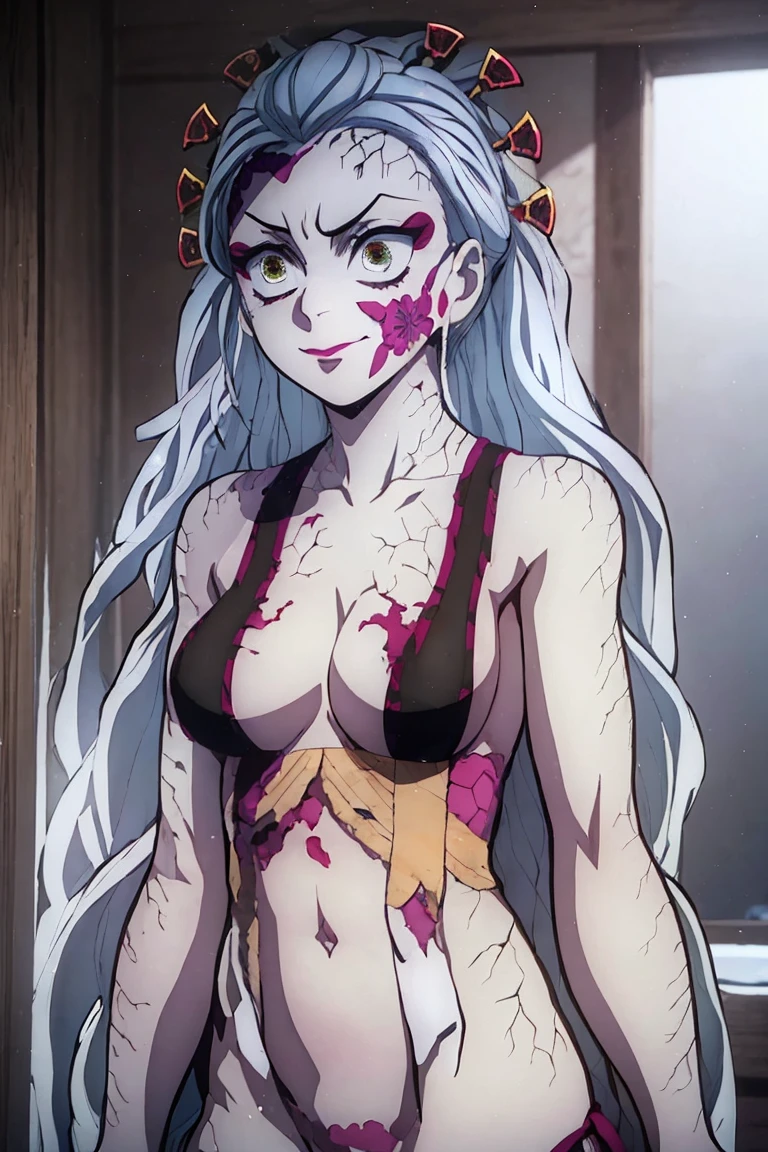 Masterpiece, The best quality, High Resolutions, daki-def, daki-blanco, 1girl, only, long hair, old, looking at the viewer, They are smiling, hair ornament, thighsjumps, belly button, neckline, ((((naked)))), Very long hair, Closed mouth, cana, multicolored hair, facial mark, hair stick, (cracked skin:1.4), daki-eyes, bathing bathroom, naked, Breasts, armpits, belly, nipples