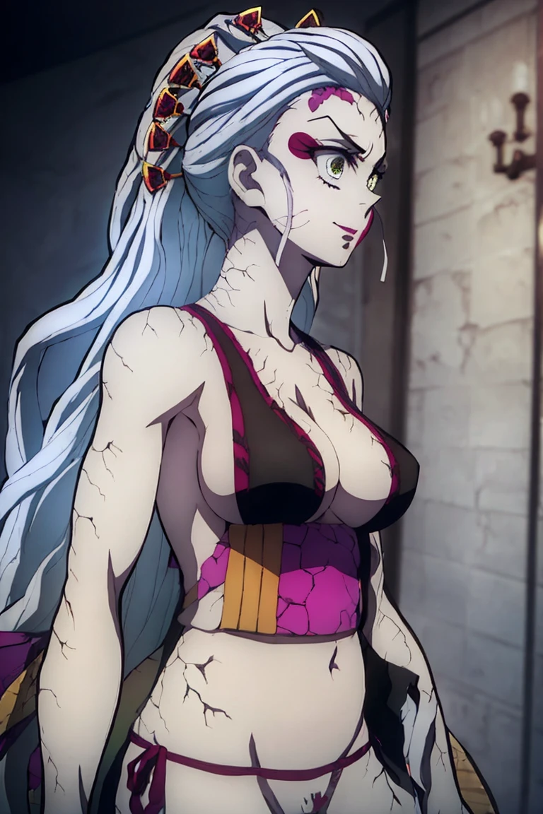 Masterpiece, The best quality, High Resolutions, daki-def, daki-blanco, 1girl, only, long hair, old, looking at the viewer, They are smiling, hair ornament, thighsjumps, belly button, neckline, ((((naked)))), Very long hair, Closed mouth, cana, multicolored hair, facial mark, hair stick, (cracked skin:1.4), daki-eyes, bathing bathroom, naked, Breasts, armpits, belly, nipples