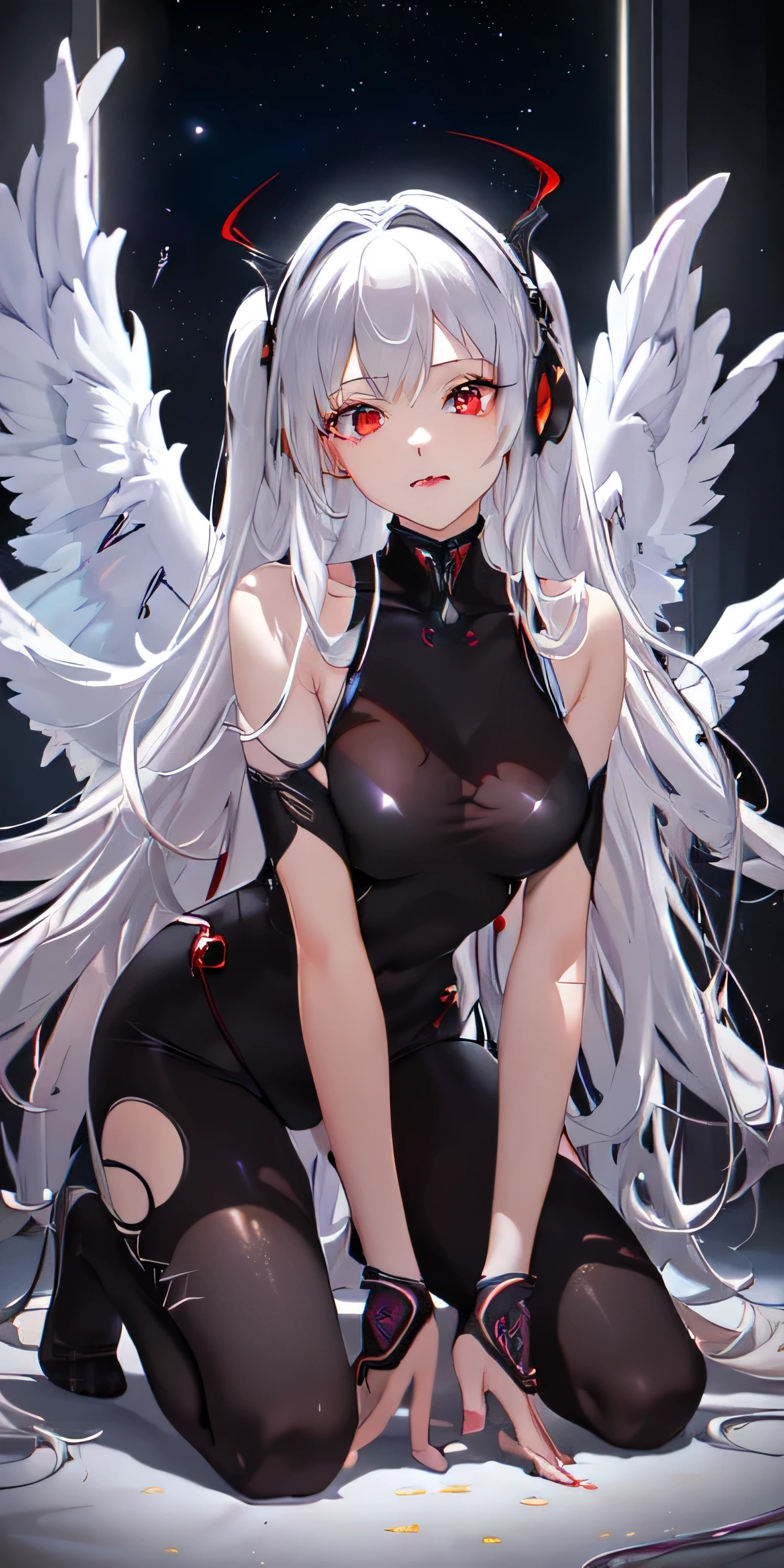 (half body portrait angle),dynamic angle,ultra-detailed, illustration,  extreme close-up, straight on, 1girl, 
 ((souryuu asuka langley, interface headset, red bodysuit:1.4, white hair, fallen angel, very large wings ,gothic)),Her eyes shone like dreamy stars,(glowing red eyes:1.233),(beautiful and detailed eyes:1.1),(expressionless, fangs showing , sad, tear),(kneeling) (wings cover body)
(mechanic room with toolsand spaceship windowin a gothic dark SPACESHIP),
(night:1.2),dreamy, [[delicate fingers and hands:0.55]::0.85],(detail fingers),