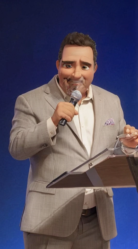 Estilo Pixar: The man in the photo has a microphone in one hand and is holding a pit bull, he's smiling and in the background there are lots of Latino people listening to him. Pôster 3D,Disney