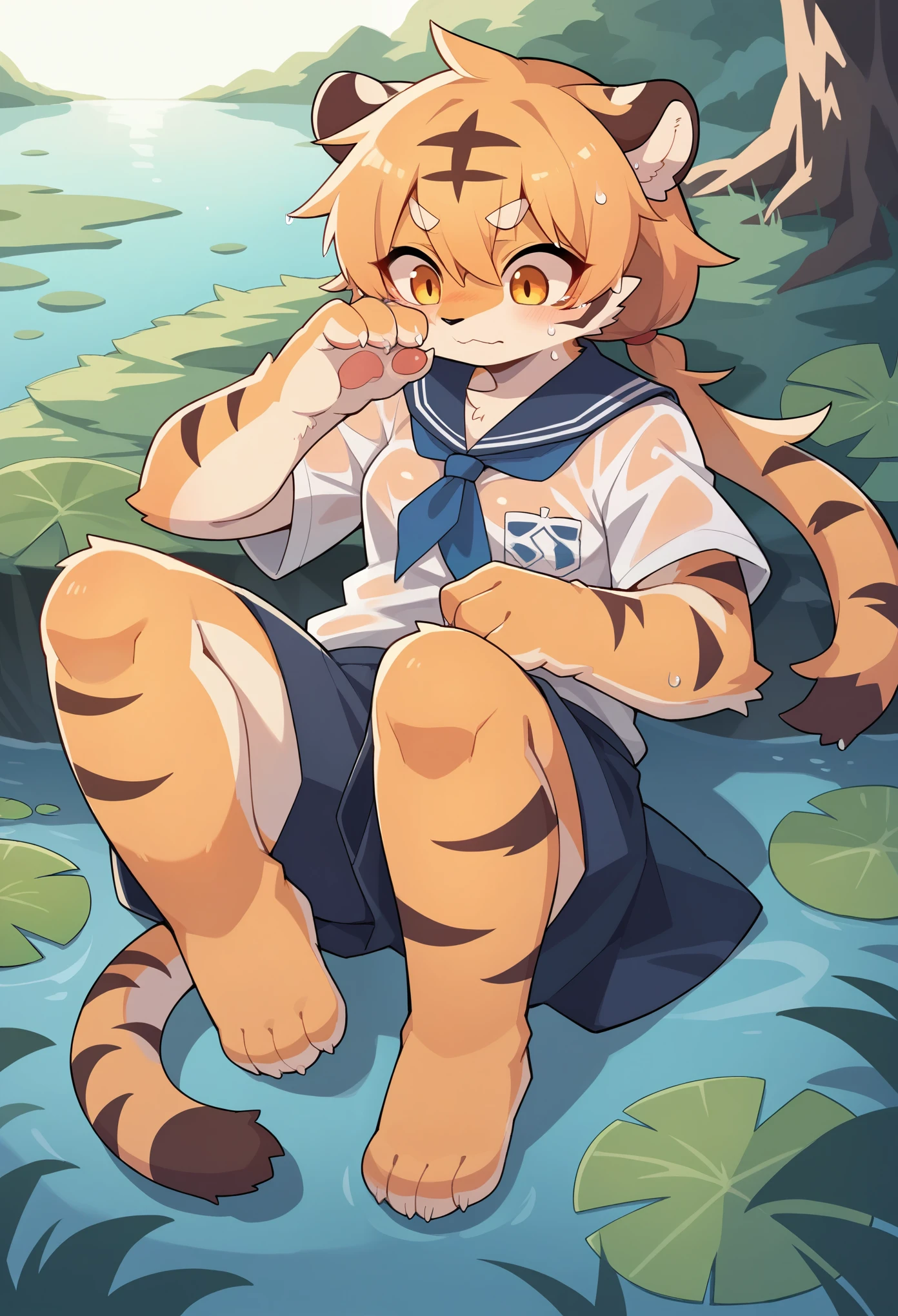 cover page, highres, top quality, best quality, paid reward available, unparalleled masterpiece, perfect artwork, absurdres(cute 1girl, kemono, solo focus, female)lake, volumetric lighting, Wet clothes, Embarrassing, Furry body, tiger facial features, tiger body features, very detailed body fur, full body,