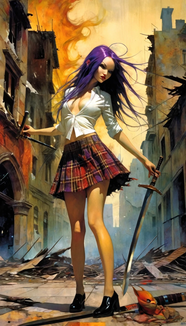 very sexy girl, long purple hair, open shirt, plaid skirt, with a sword in a dynamic position, scene of a destroyed city, fire, (art inspired in Skottie Young and Bill Sienkiewicz). oil painting)