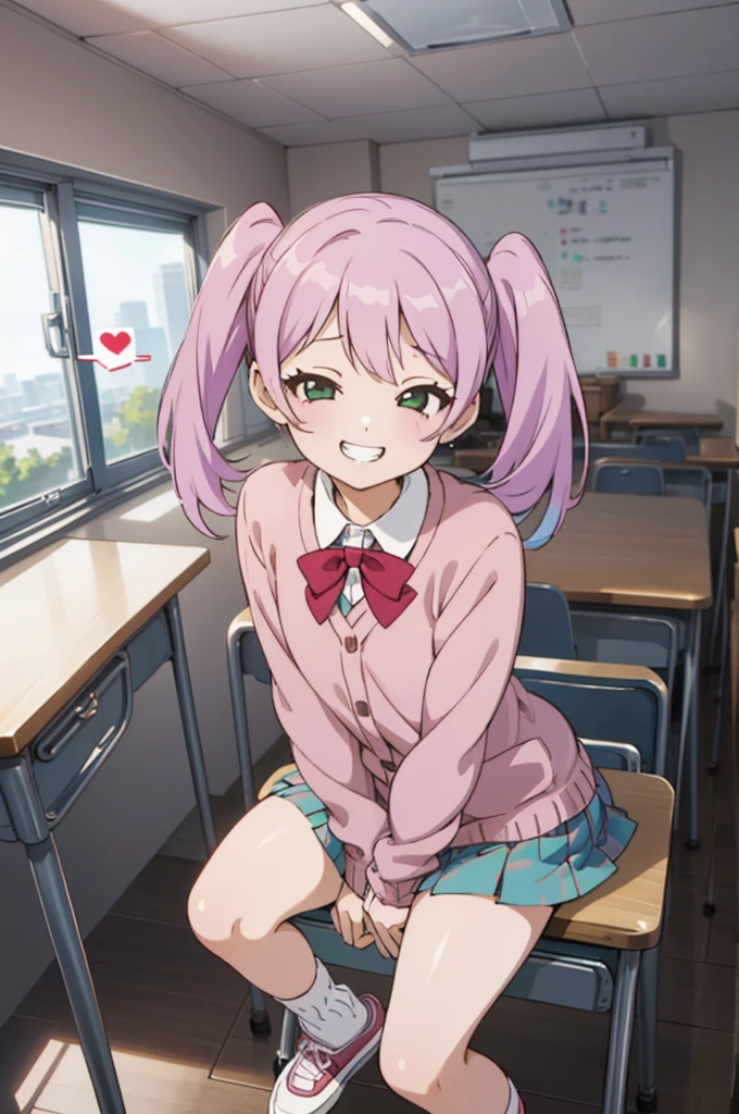 (((pixel-perfect, detail-perfect))), solo, 1girl, urara kasugano, , looking at viewer, smile, v arms,,spoken heart,6yo,(petite),cardigans,miniskirt,classroom,grin,socks