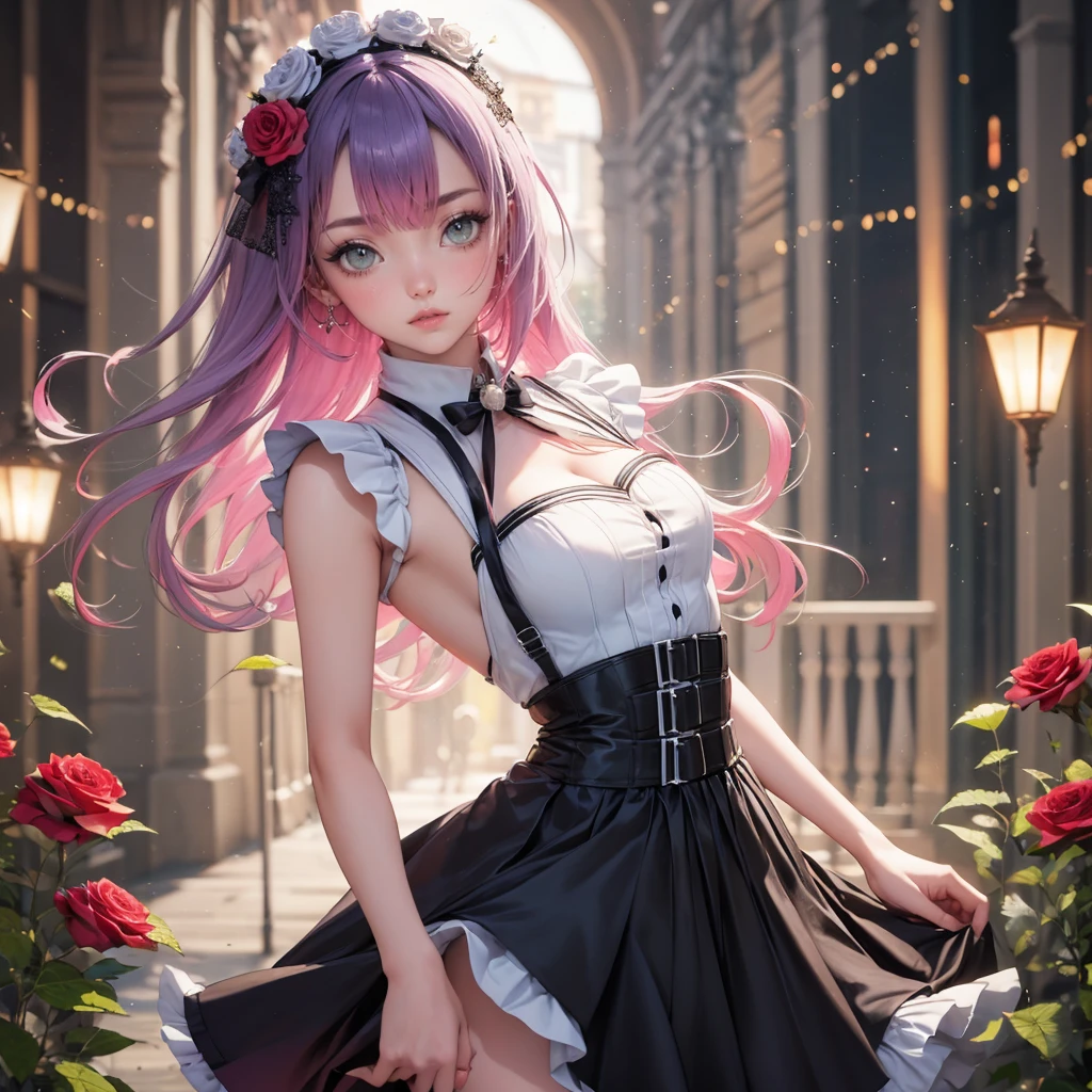 1girl, long hair, long flowing hair, floating hair, ornament hair, perfectly body, perfectly hands, rose on hair, purple rose on hair, 1 girl, Looking at the audience, flowing hair, Beautiful Eyes, Plump and glossy lips, maid, maid dress, maid apron, white apron maid headdresss, white headdress, dress with too many frills, black dress, white laces, black Short skirt, , small skirt, skirt with layers, Drape clothes, purple gem, Lace trim, garden, luxury gold details, gold jewelry, more details, best quality, Big sparkling eyes, blushing, Striped Lace Stockings, black Lolita skirt, sparkle, solo, centered girl, cowboy shot, perfectly body, perfectly hands, two arms, two legs, two hands, five fingers, perfect anatomy, glowing hair, purple roses, on the garden, sparkles, more details on her clothes, dress with transparency, golden details on her dress, daylight, lanterns, ((4k, masterpiece, top-quality)), 8k, best quality, high resolution, UHD, (illustration:0.8), super cute girl, delicate and beautiful face, mature girl, super cute hairstyle, (beautiful detailed eyes:1.6), extremely detailed face, perfect lighting, extremely detailed CG, (perfect hands, perfect anatomy), Best quality, cleavage