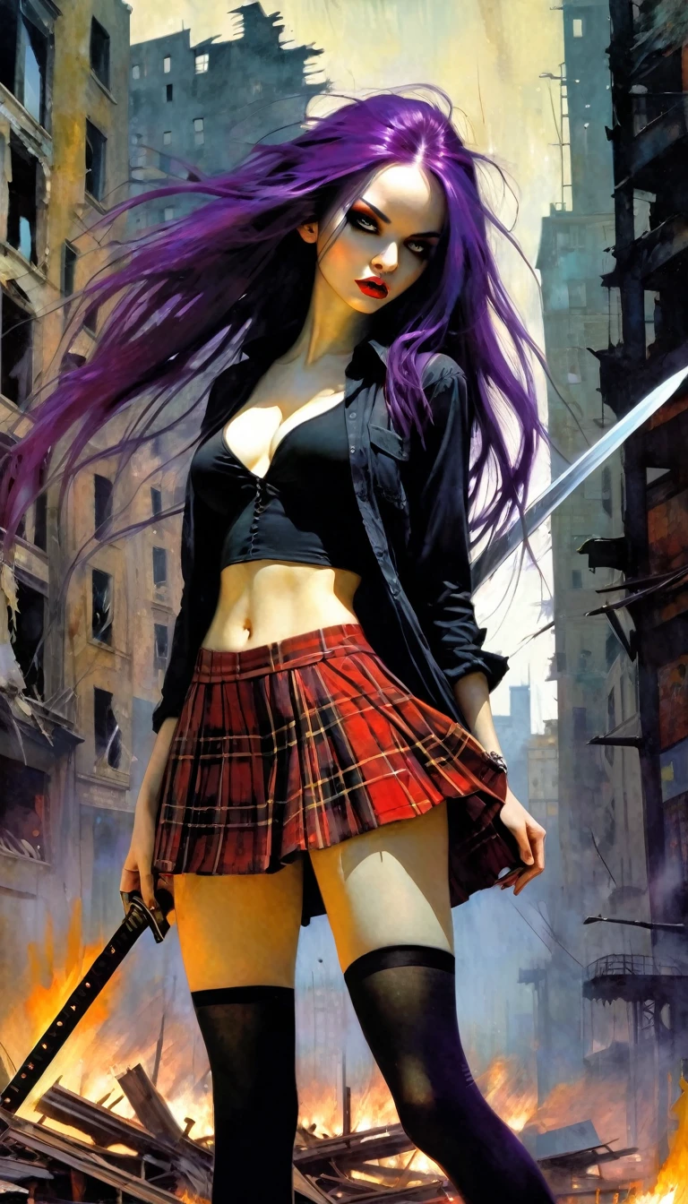 very sexy girl, long purple hair, open shirt, plaid skirt, with a sword in a dynamic position, scene of a destroyed city, fire, (art inspired in Skottie Young and Bill Sienkiewicz). oil painting) Darksynth aesthetic, minimalist background, gothic makeup, weird fashion photography, ultra detailed, masterpiece. (best quality,4k,8k,highres,masterpiece:1.2),ultra-detailed,(realistic,photorealistic,photo-realistic:1.37),intricate details,vivid colors,sharp focus,professional,Dave McKean artwork, oil touch of surrealism,oil painting style,