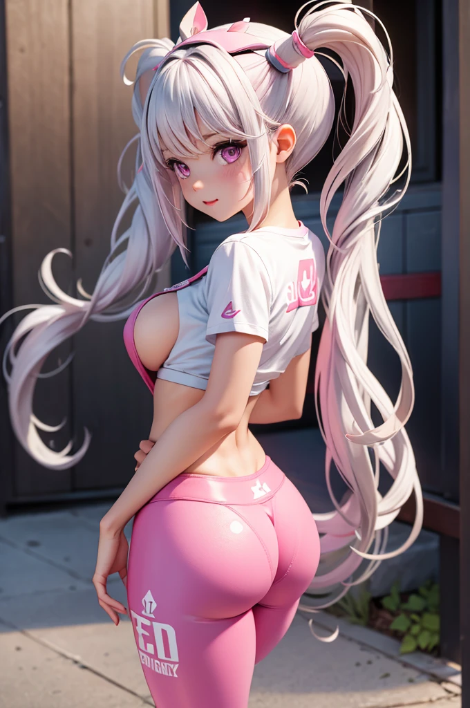 The Twintails Deluxe, white hair, pink eyes, one girl, perfect breast, big ass pink t-shirt , leggings pink, shoes white, without a bra, beautiful, slim, cute, sex, looking back