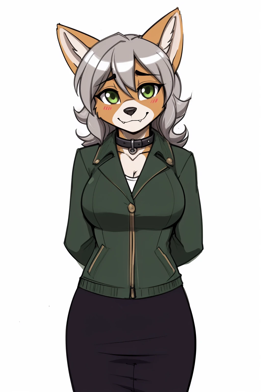(adult, sketch-ish, 2d, absurdres, cel-shaded, best quality, uploaded on e621, trending on deviantart:1.5), (by john joseco:1.3), (by drako1997, by kadath, by bigdad, by scappo, by shonuff:1.1), (by zeekzag:1.4), (by scappo, by kanel), [by pgm300], (((white background, no background, no lighting, flat color:1.4))), (solo, female, anthro welsh corgi), (brown body), (curly hair, medium-long hair, silver hair), (shy, nervous, shy and nervous expression, shy eyes, green eyes, expressive eyes, puppy dog eyes:1.1), (visible cute fangs, closed smile), (jacket and cute top), (((skousers pants, skirt worn over trousers, british clothing))), (beautiful, adorable, cute short corgi tail), (collar with green gem), [noticeable breasts], ((black eyebrows)), 4 fingers and one thumb on both hands, small partial blush, (hands clasped together behind back:1.2)