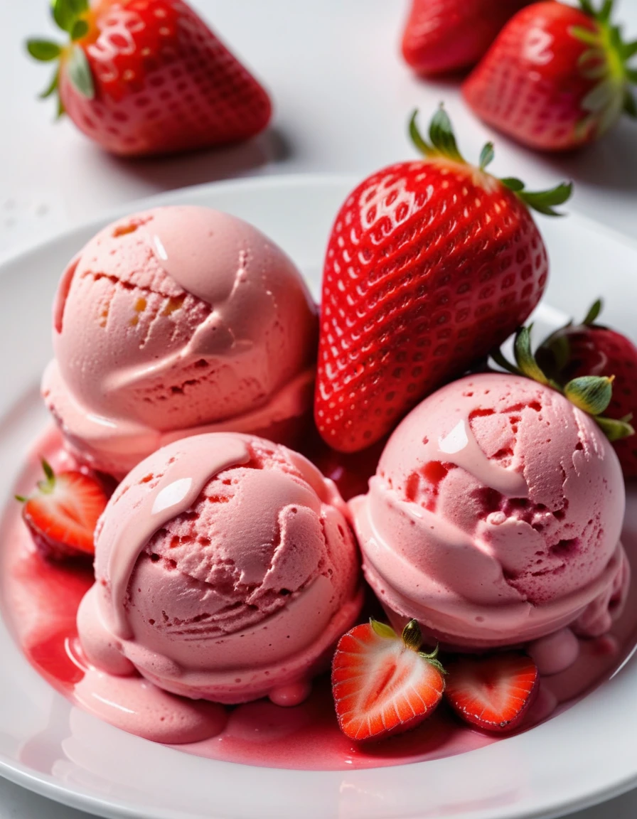 (strawberry berry and strawberry ice cream on a white plate), closeup, macroscopic photo, hyperdetalization, hyperrealism, beautiful foreshortening, cinematic, glow, reflexes, illuminated ((dominant three colors))