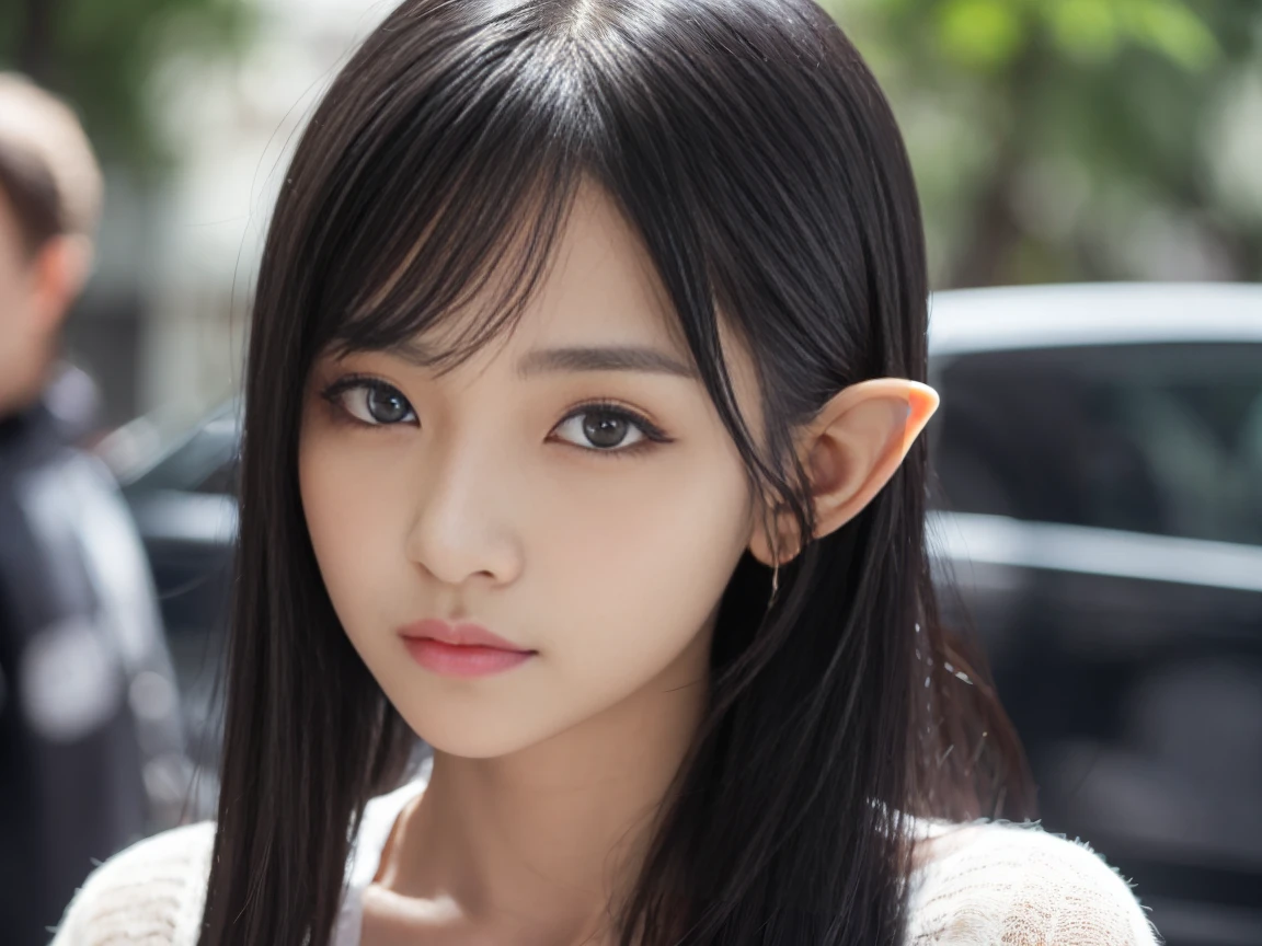 8Old Elf Girl、Medium-long black hair、Grey Eyes、Wearing only a man's black T-shirt、No bottoms worn、Lying in a dark bedroom、Provocative facial expression