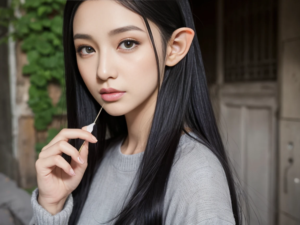 ８Old Elf Girl、Medium-long black hair、Grey Eyes、Wearing only a man&#39;s black T-shirt、No bottoms worn、Lying in a dark bedroom、Provocative facial expression