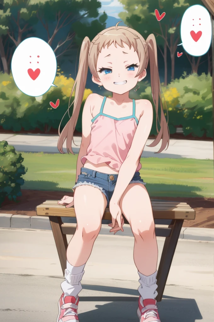 (masterpiece, best quality), intricate details,
 1girl,  sanae dekomori,  speech bubble,,,looking viewer,,spoken heart,6yo,(petite),flat chest,grin,outdoor,camisole,denim shorts,socks,(nsfw)