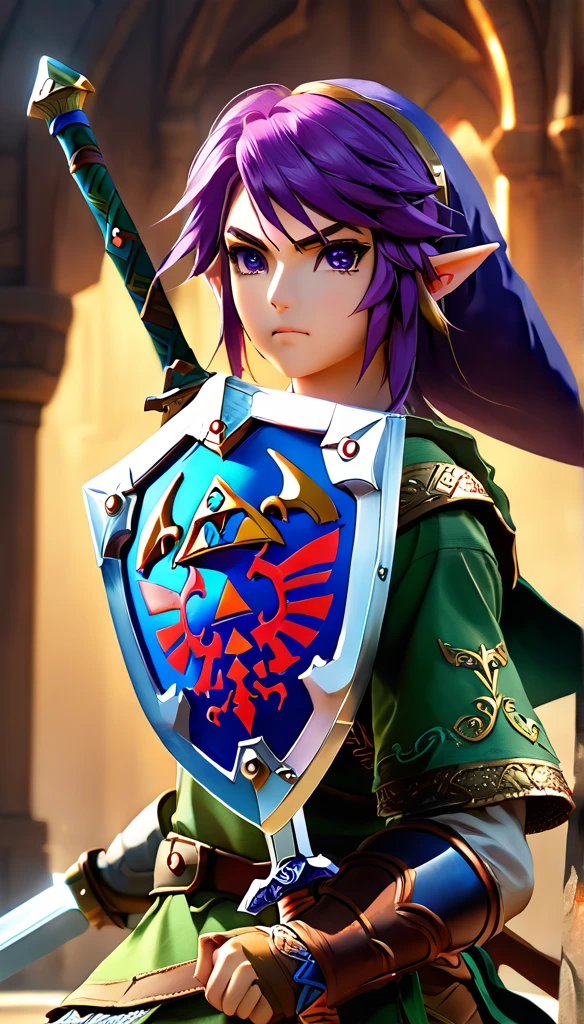 a young anime-style warrior, wielding the master_sword and shield_hyrule, ready for battle, dynamic fantasy scene, plain background, (best quality,4k,8k,highres,masterpiece:1.2),ultra-detailed,(realistic,photorealistic,photo-realistic:1.37),dynamic lighting,cinematic angle,highly detailed armor and equipment,vivid colors,fantasy art style, tphrlnk, purple hair