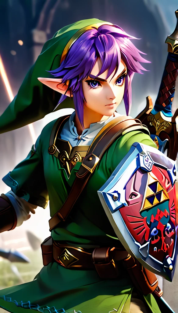 a young anime-style warrior, wielding the master_sword and shield_hyrule, ready for battle, dynamic fantasy scene, plain background, (best quality,4k,8k,highres,masterpiece:1.2),ultra-detailed,(realistic,photorealistic,photo-realistic:1.37),dynamic lighting,cinematic angle,highly detailed armor and equipment,vivid colors,fantasy art style, tphrlnk, purple hair