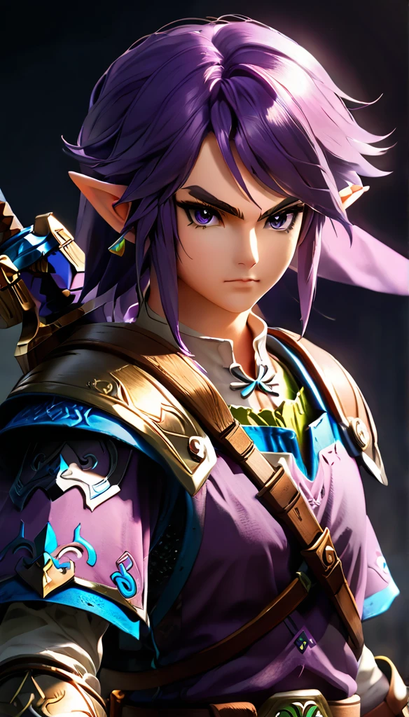 a young anime-style warrior, wielding the master_sword and shield_hyrule, ready for battle, dynamic fantasy scene, plain background, (best quality,4k,8k,highres,masterpiece:1.2),ultra-detailed,(realistic,photorealistic,photo-realistic:1.37),dynamic lighting,cinematic angle,highly detailed armor and equipment,vivid colors,fantasy art style, tphrlnk, purple hair