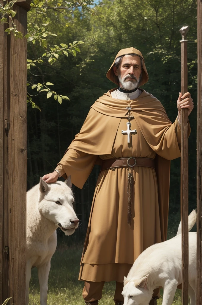 Describe a picture of St. Francis of Assisi in detail. Na cena, St. Francis is represented as a man of average height, dressed in a dark brown habit with a rope belt tied to his waist. he's barefoot, displaying the bare feet that are a hallmark of his devotion to simplicity.
St. Francis' face is illuminated by a serene and compassionate expression. His eyes are deep and full of kindness, and his gaze seems to be turned to heaven in divine reverence. Uma aura de paz irradia de sua figura.
In one hand, San Francisco holds a small bird, symbolizing his love and respect for all of God's creation. The bird rests softly on its open palm, manifestando a harmonia que ele buscava entre os seres humanos e a natureza.
A seu lado, vemos um lobo deitado, which symbolizes the legend of St. Francis taming Gubbio's ferocious wolf with love and compassion. The wolf looks at St. Francis with confidence and submission.
Behind San Francisco, There is a setting of a natural and serene environment, with trees, flores e um riacho que flui suavemente. The soft sunlight shines through the leaves of the trees, criando um ambiente de paz e harmonia.
The image of St. Francis of Assisi is a touching representation of his devotion to the faith, to nature and peace. It captures the essence of his loving personality and his mission to care for the less fortunate, of God's creation and of all living beings