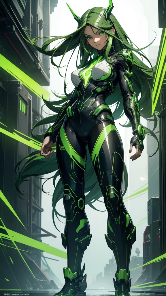masterpiece, highest quality, (solo focus), (perfect face:1.1), (full body), (high detail:1.1), (hyper detailed eyes), dramatic, a woman with paleskin and long dark green hair, green eyes, solo, arrogant expression, neon cybernetic outfit, white background, art by artgerm, cinematic lighting, fashion, BalenciagaStyle