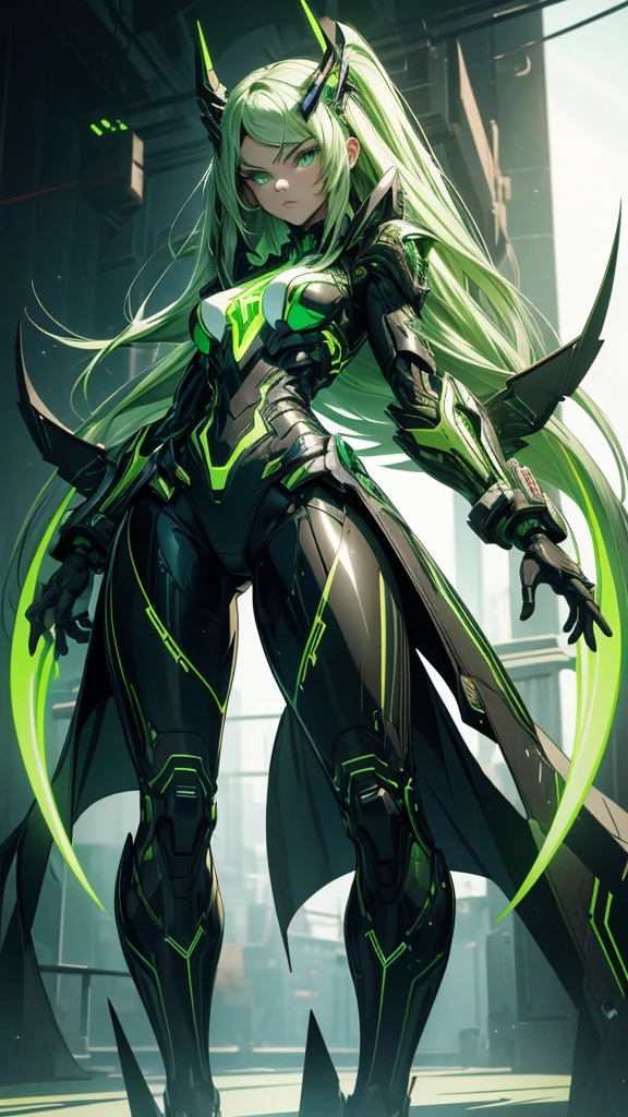 masterpiece, highest quality, (solo focus), (perfect face:1.1), (full body), (high detail:1.1), (hyper detailed eyes), dramatic, a woman with paleskin and long dark green hair, green eyes, solo, arrogant expression, neon cybernetic outfit, white background, art by artgerm, cinematic lighting, fashion, BalenciagaStyle