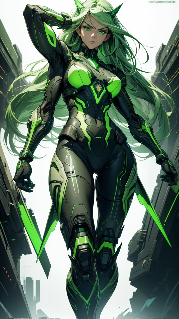 masterpiece, highest quality, (solo focus), (perfect face:1.1), (full body), (high detail:1.1), (hyper detailed eyes), dramatic, a woman with paleskin and long dark green hair, green eyes, solo, arrogant expression, neon cybernetic outfit, white background, art by artgerm, cinematic lighting, fashion, BalenciagaStyle