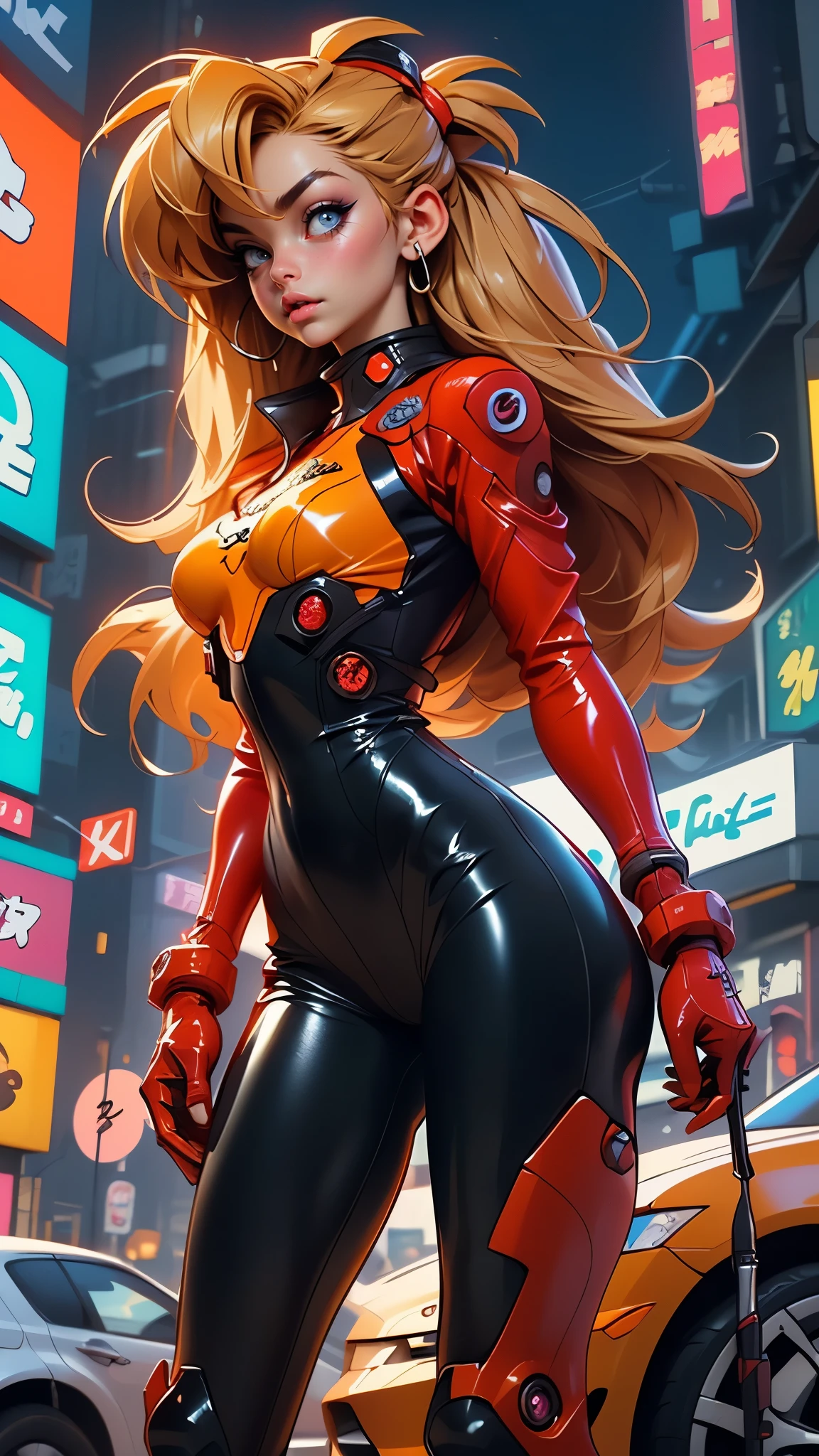 rear view, backside view,((The best quality, better resolution, Award-winning portrait, Official Art)), ((perfect masterpiece)), ((realist)) and ultra detailed photography of a nerdy cyberpunk souryuu asuka langley girl with gothic and post apocalyptic colors.. She has ((long blonde hair)), Carry a (Harajuku inspired cyberpunk tech top) and a (Harajuku inspired cyberpunk tech clothing bottom:1.2) , ((the most beautiful and sexy aesthetic)), sexy, Super huge tits hugely giant, Cleavage showing, hot,(souryuu asuka langley latex bodysuit:1.4),Detailed eyes, detailed hands,