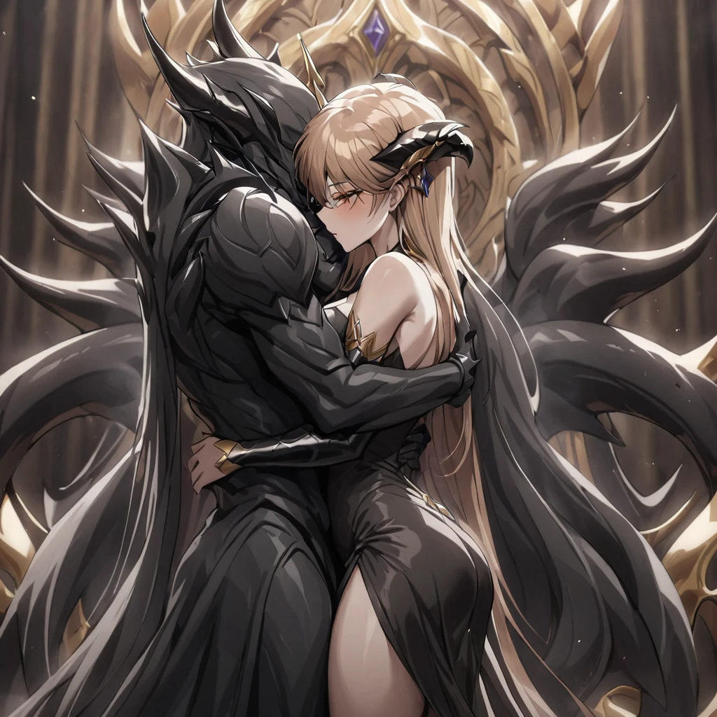 ((Highest quality)), ((masterpiece)), (detailed), (Perfect Face)、The woman is a jet-black female demon with magnificent demon horns and a jet-black tail, her skin is the same black as the Demon King, she is wearing a provocative and luxurious jet-black dress of the Demon Queen, her name is Princess Leona, and she has medium-long light brown hair.、A woman is embracing and passionately kissing her beloved husband, a powerful demon king.、A strong demon king is embracing and kissing his wife, the demon queen Leona, in front of a gorgeous demon altar.