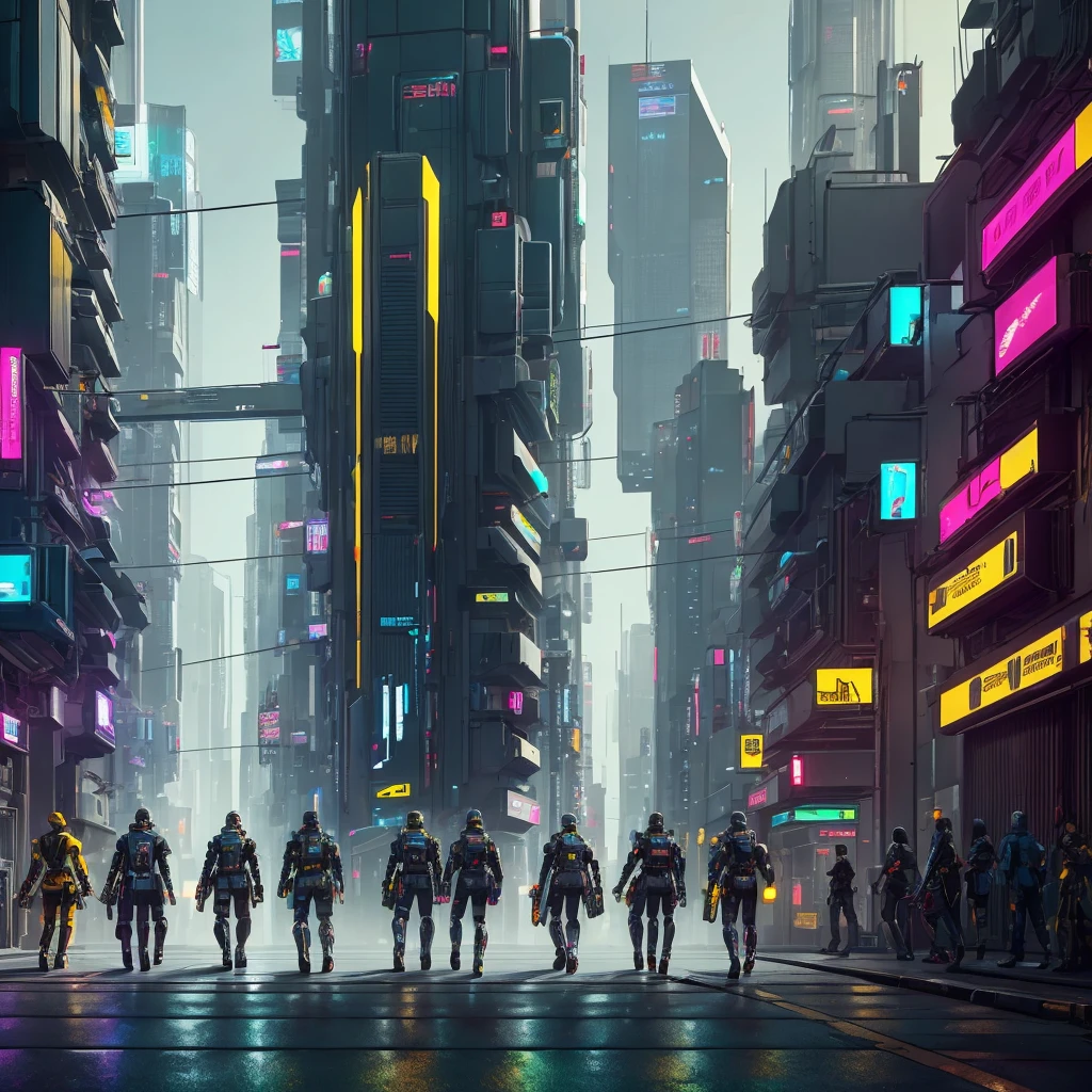 a group of cyberpunk robots walking down the street all holding a tablet, in the distance you can see reward chests , yellow colors