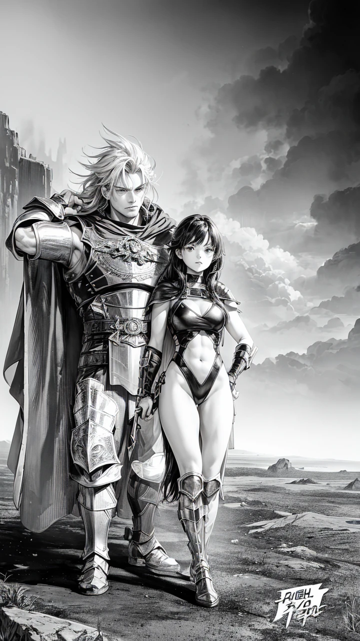 2person, a boy and a girl, standing together, warrior boy in leather outfit and cape holding a giant sword on his back, a girl with long hair wearing a bikini armor and steel shoulder pads, cloudy sky background, action manga style drawing, muscular boy and girl with athletic body and pretty face, long boots, (add detail), earth and stone floor