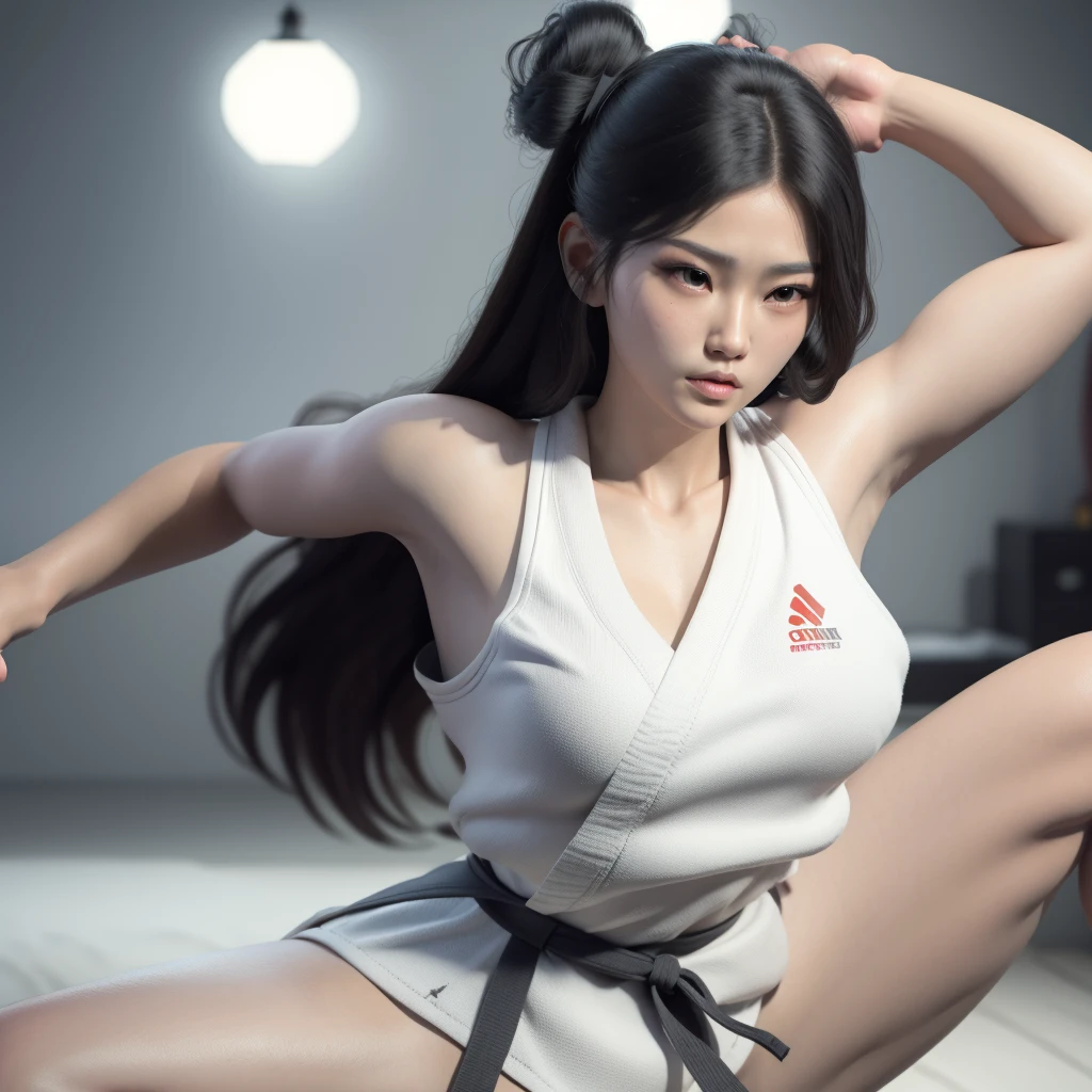 detailed portrait of a muscular asian girl with spiky black hair, piercing eyes, a strong jawline, and wearing a white karate gi, highly detailed, photorealistic, 8k, hyperrealistic, beautiful lighting, sharp focus, masterpiece