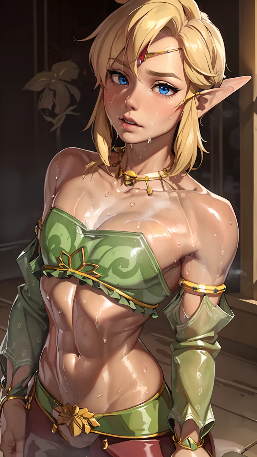 ((masterpiece)), ((best quality)), (detailed), perfect, solo, link, gorgeous boy, luscious lips, blonde hair, sexy, (((oiled collarbones))), (((sweated collarbones)))