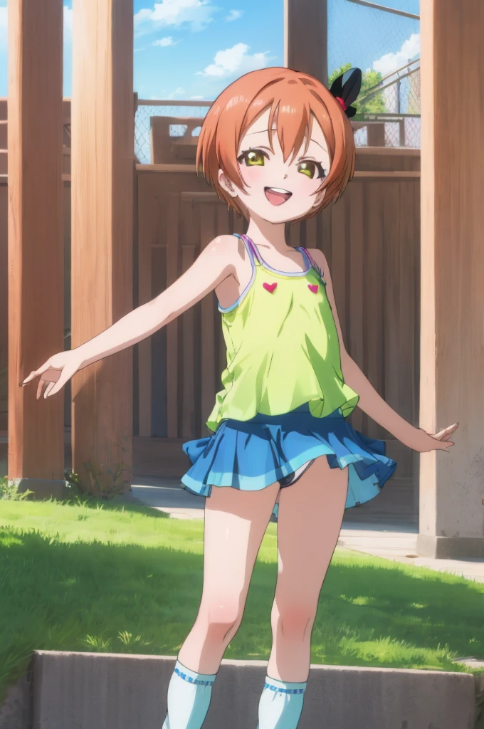 ,girl,happy,smile,,rin hoshizora ,open mouth,,looking viewer,,spoken heart,6yo,(petite),flat chest,grin,outdoor,socks,,,camisole,microskirt