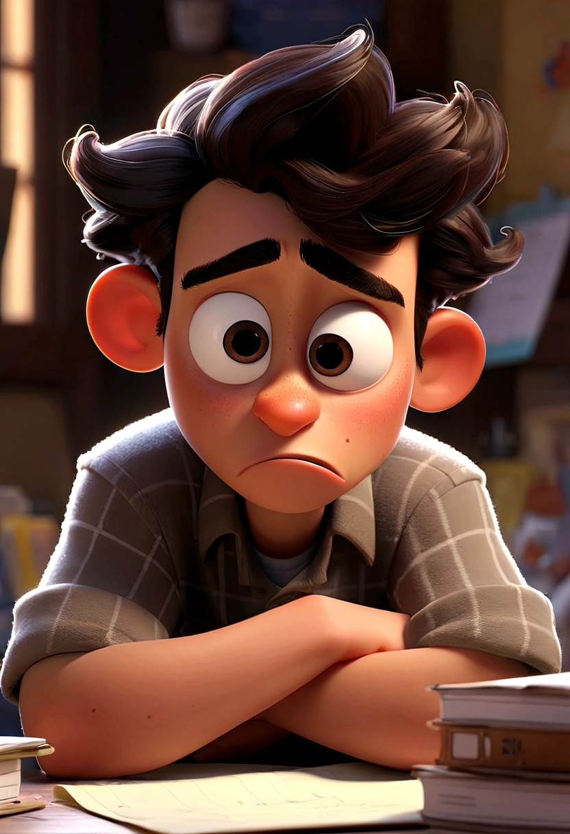 A Pixar-style teenager character named Medroso, with a worried look, holding a calendar and a to-do list. He has an apprehensive expression and is always biting his nails."