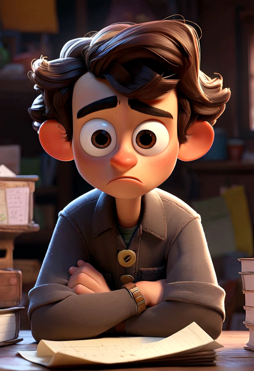 A Pixar-style ager character named Medroso, with a worried look, holding a calendar and a to-do list. He has an apprehensive expression and is always biting his nails."