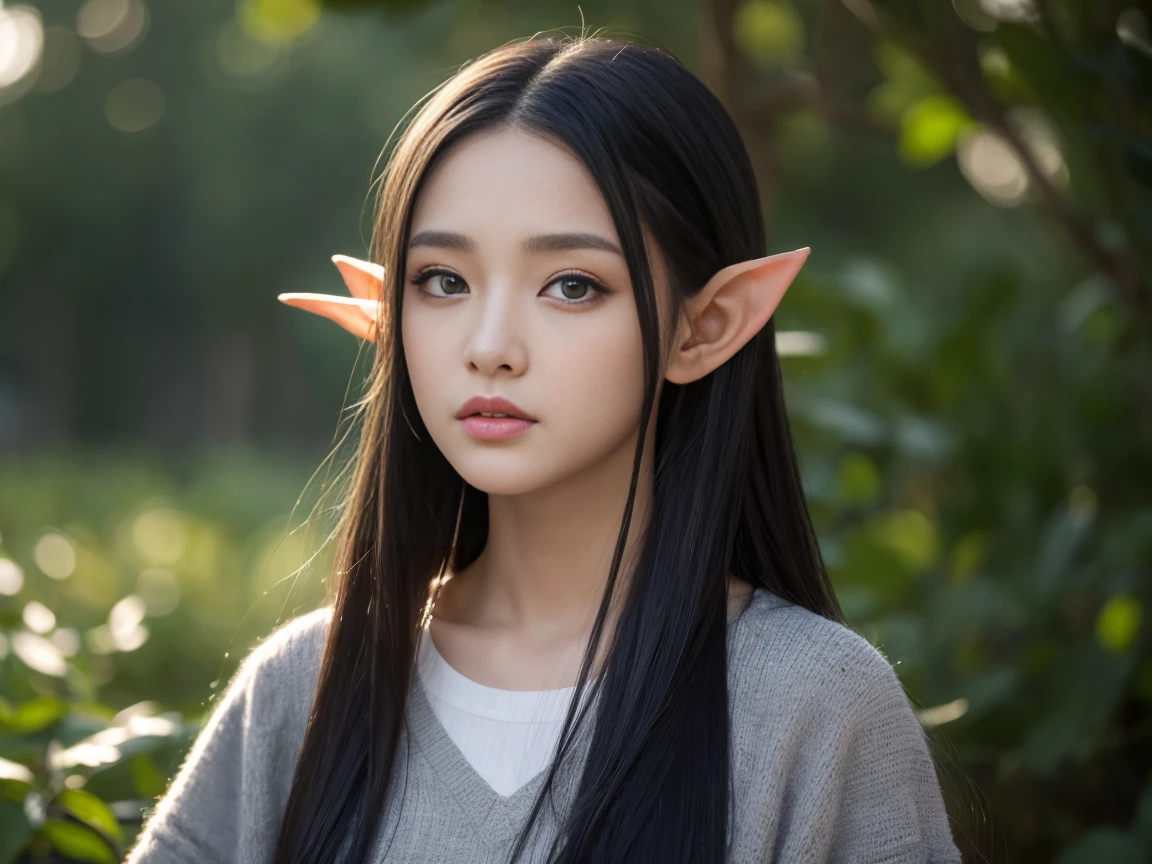 masterpiece, Highest quality, 8K, High resolution, (Head to Toe:1.4),８Old Elf Girl、Medium-long black hair、Grey Eyes、Wearing only a man&#39;s black T-shirt、No bottoms worn、Lying in a dark bedroom、Provocative facial expression