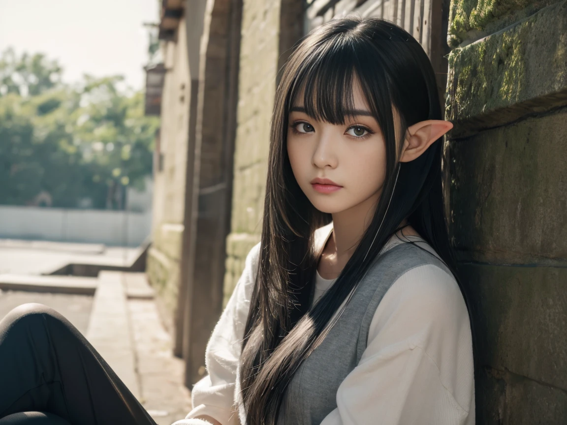 masterpiece, Highest quality, 8K, High resolution, (Head to Toe:1.4),８Old Elf Girl、Medium-long black hair、Grey Eyes、Wearing only a man&#39;s black T-shirt、No bottoms worn、Lying in a dark bedroom、Provocative facial expression