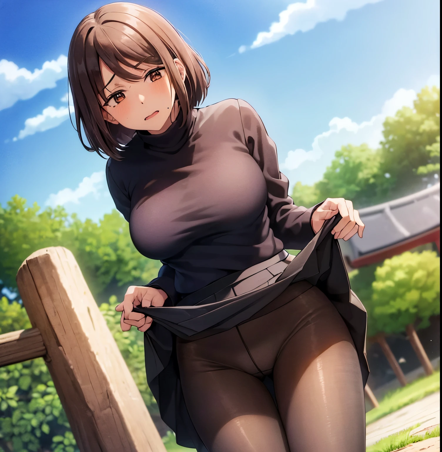 (1girl),(single),shoko Ieiri,masterpiece,best quality,high resolution,ultra detailed,brown eyes,(mole under eye: 0.8),short hair,brown hair,swept bangs,dynamic pose,body curvy, jean shot, detailed bottom, detailed eyes, , turtleneck, (black jacket: 1.4), long sleeves, (black skirt: 1.4), (short skirt: 1.3), (black pantyhose: 1.2) ,black loafers,(skirt lift:1.4),(pants over pantyhose:1.2),(blush:1.2),(embarrassment:1.4),standing,outdoor ((outdoors,garden,Japanese farm,sunny,clouds) ,lace trim panties, facing forward,((focus on breasts)),pov(from middle)perfect anatomy, perfect hands,