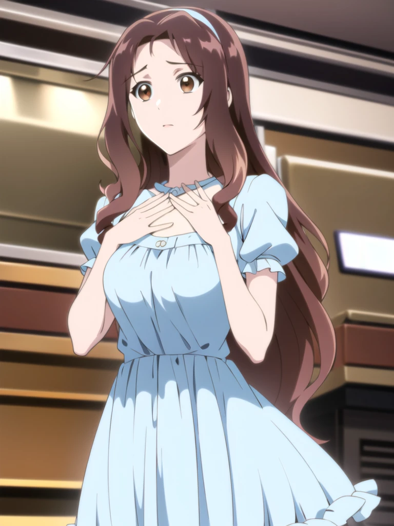 masterpiece, (best quality), 8k uhd, girl, (mamako oosuki), brown hair, long hair, (hair down), purple eyes, mature female, white shirt, pants, sweater, big breasts, ribbon, sexy woman, smile, (suspender naked apron), embarrassed, blush, bare shoulders, vibrant colors , natural lighting, beautiful, (detailed face:1.2), showcase, (perfect eyes:1.1) ,(photorealistic:1.1), looking at viewer, outdoors
