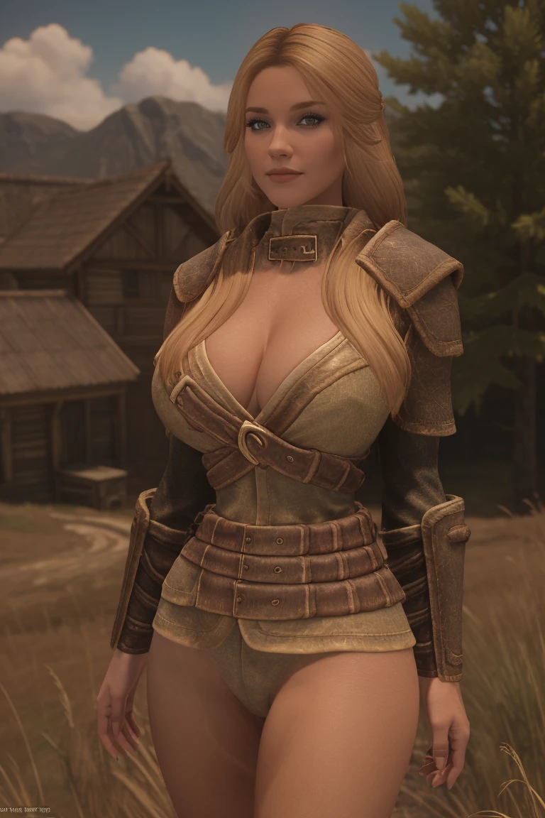 A radiant blonde Breton woman stands confidently on a sun-kissed hillside in the midst of a bustling Bikini Contest in the open plains of Skyrim. Warm sunlight casts a golden glow on her bronzed skin as she proudly displays her toned physique, her bright hair shining like a beacon amidst the rustic backdrop of rolling hills and verdant forests.