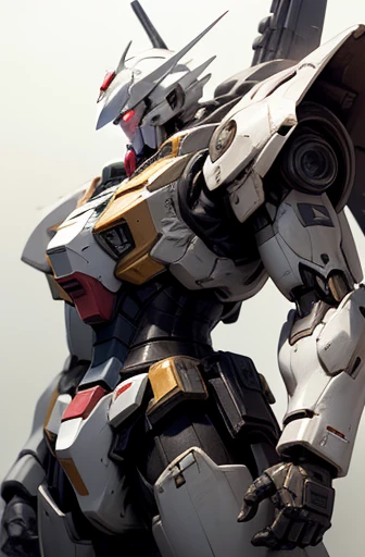 Highest quality、Fantasy、masterpiece、The whole body of a giant robot like Gundam、The base color is off-white with pale sky-colored lines.、No fixed armament、Glossy body with exquisite details、Well-proportioned limbs、A detailed depiction of a knight's helmet-like head、A precisely drawn Gundam-like face、Goggle Eye、Flying in outer space、Shining in the sunshine、Space War、explosion、light