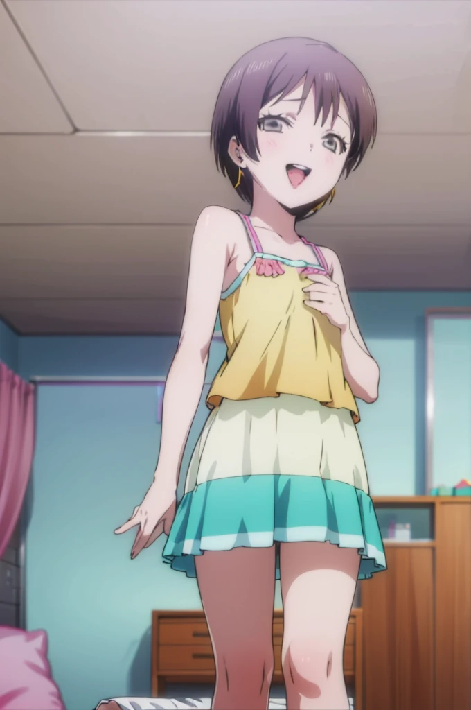solo, 1girl, looking at viewer, , miyuki shiba, , , looking at viewer, smile,,,spoken heart,,(petite),flat chest,grin,my room,socks,,open mouth,tongue,camisole,microskirt,standing,from below