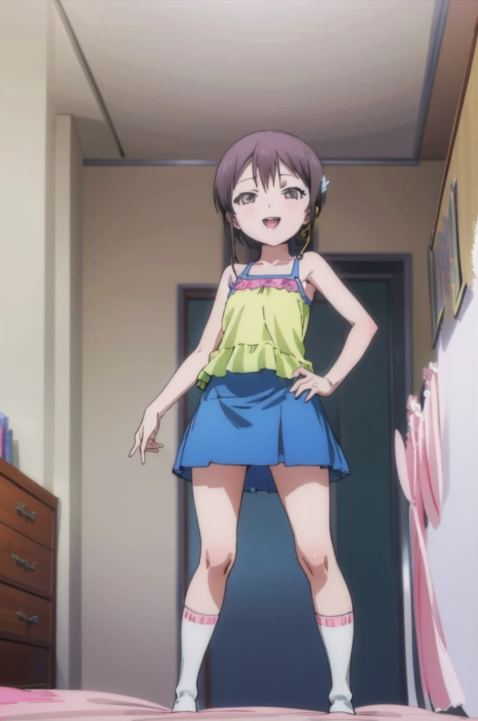 solo, 1girl, looking at viewer, , miyuki shiba, , , looking at viewer, smile,,,spoken heart,6yo,(ite),flat chest,grin,my room,socks,,open mouth,tongue,camisole,microskirt,standing,from below