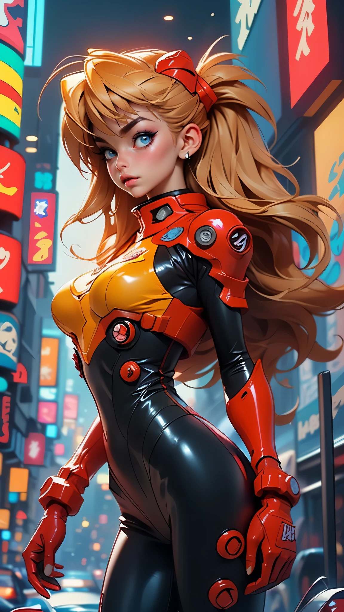 rear view, backside view,((The best quality, better resolution, Award-winning portrait, Official Art)), ((perfect masterpiece)), ((realist)) and ultra detailed photography of a nerdy cyberpunk souryuu asuka langley girl with gothic and post apocalyptic colors.. She has ((long blonde hair)), Carry a (Harajuku inspired cyberpunk tech top) and a (Harajuku inspired cyberpunk tech clothing bottom:1.2) , ((the most beautiful and sexy aesthetic)), sexy, Super huge tits hugely giant, Cleavage showing, hot,(souryuu asuka langley latex bodysuit:1.4),Detailed eyes, detailed hands,