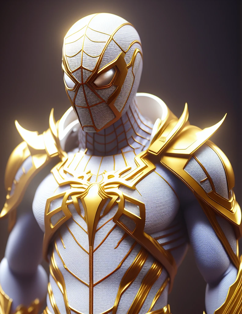 a close up of a statue of a man with a gold and white costume, super detailed render, 3 d render character art 8 k, intricate white and blue armor, full samurai armor iron man, high detail iconic character, 8k render”, octane render ”, octane render”, super detailed octane render, super rendered in octane render, hyper detailed 3 d render, futuristic style spiderman