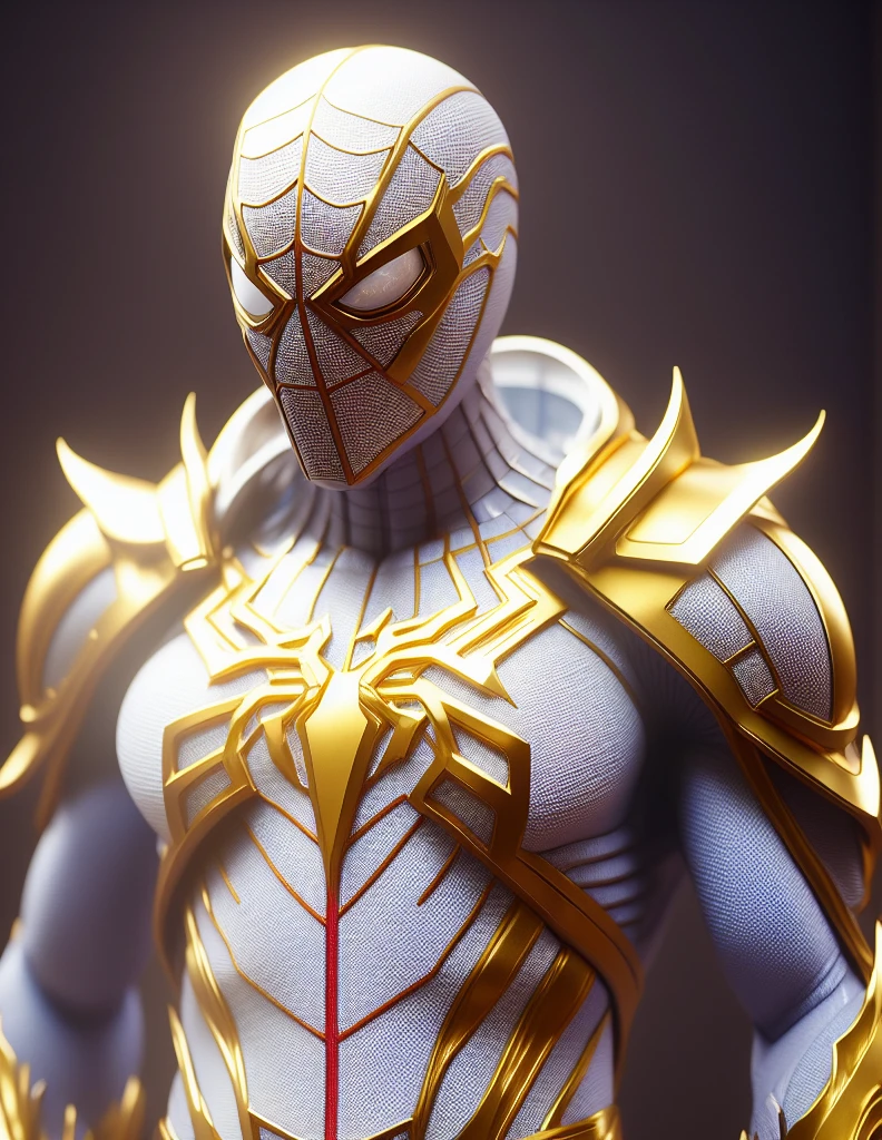 a close up of a statue of a man with a gold and white costume, super detailed render, 3 d render character art 8 k, intricate white and blue armor, full samurai armor iron man, high detail iconic character, 8k render”, octane render ”, octane render”, super detailed octane render, super rendered in octane render, hyper detailed 3 d render, futuristic style spiderman